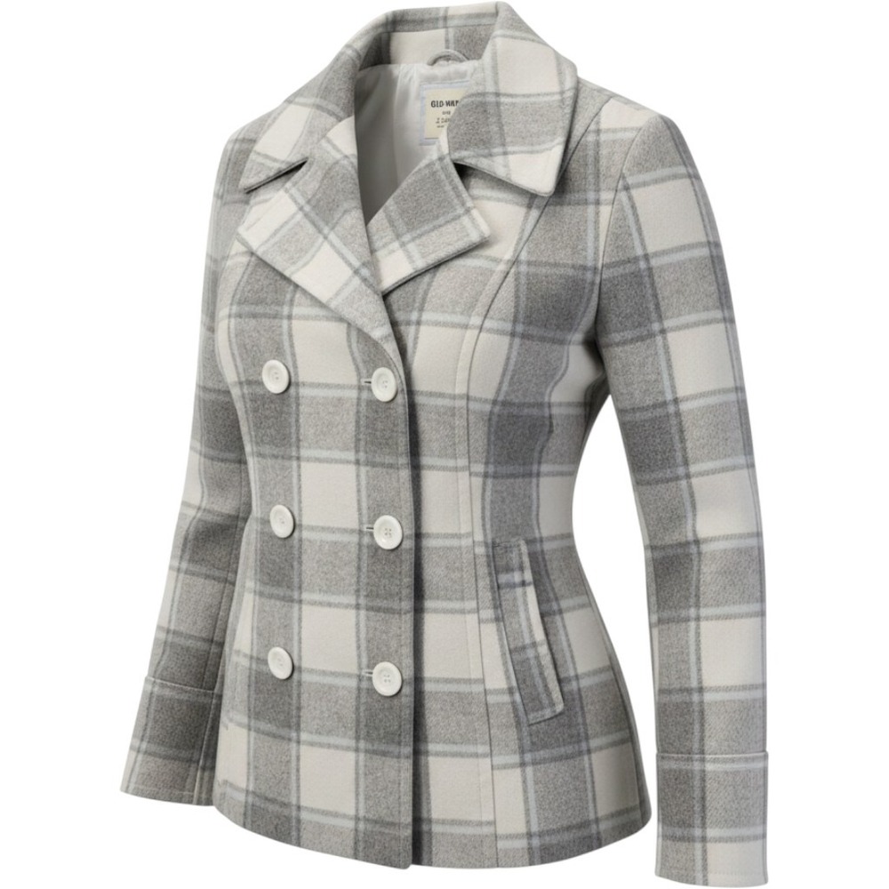 Old Navy Womens Plaid Pea Coat Grey Cream Double Breasted Jacket XL